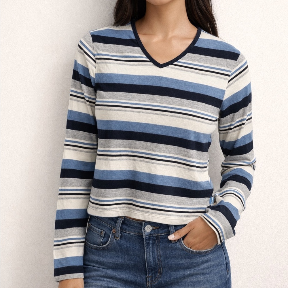 Calvin Klein Jeans Black and Blue Striped V-Neck Top size s‎